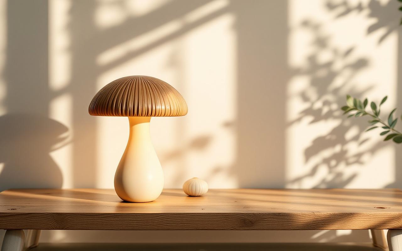 Une lampe en forme de champignon élégante posée sur une table en bois, illuminée par une lumière ambiante douce, créant une atmosphère chaleureuse et accueillante.