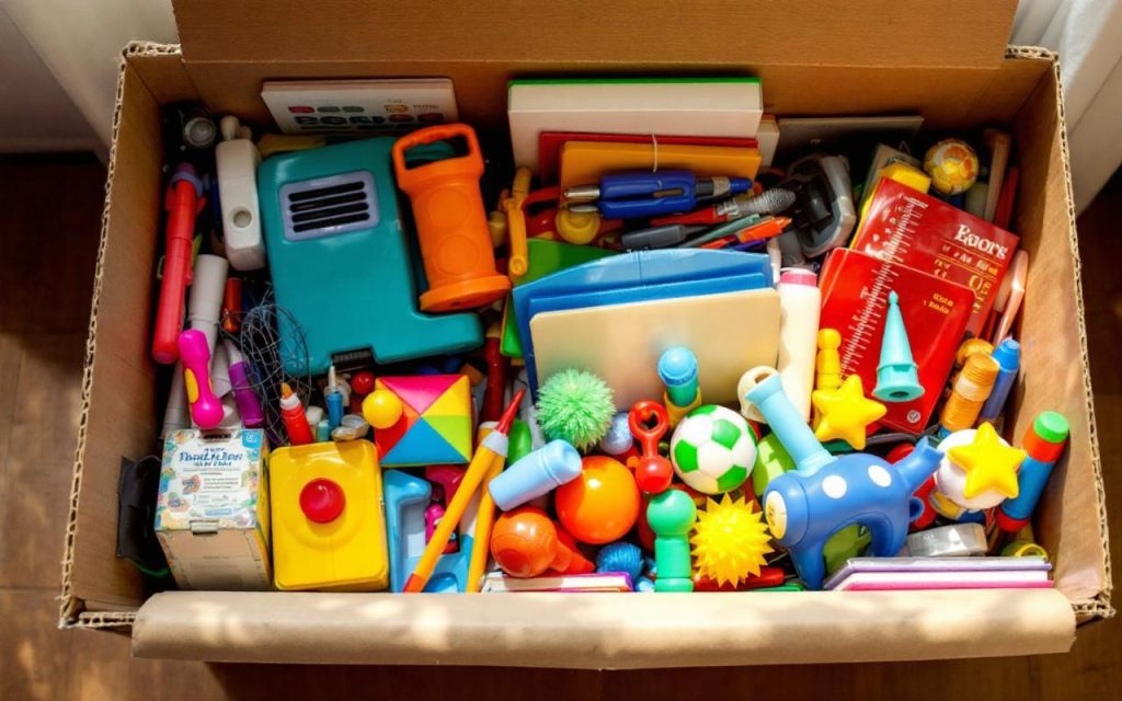 Une boîte de rangement ouverte contenant divers objets colorés tels que des livres, des jouets et des outils, disposée dans une pièce bien éclairée, créant une ambiance chaleureuse et accueillante.