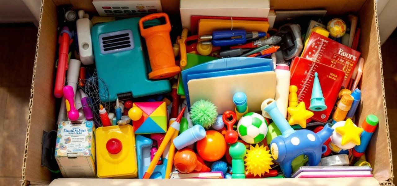 Une boîte de rangement ouverte contenant divers objets colorés tels que des livres, des jouets et des outils, disposée dans une pièce bien éclairée, créant une ambiance chaleureuse et accueillante.