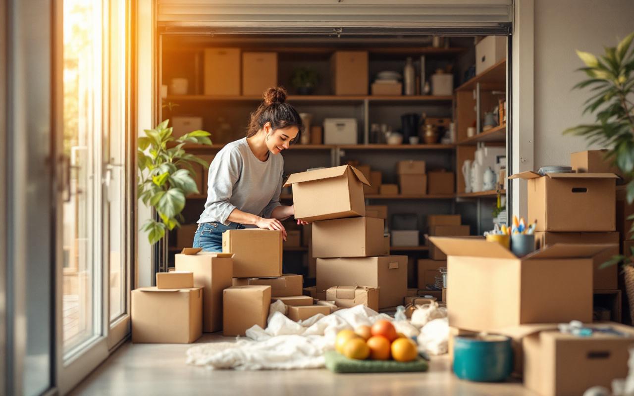 Une personne en train d'organiser une unité de stockage, triant soigneusement des boîtes et des objets dans un environnement bien éclairé et rangé.