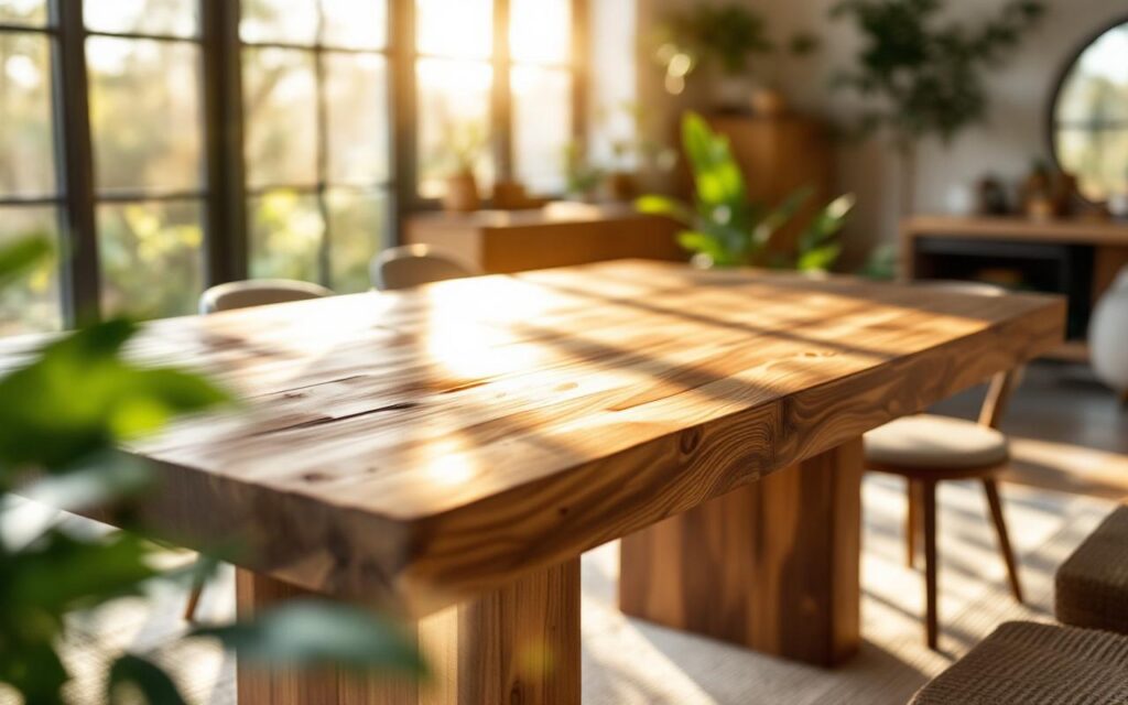 Table à manger en teck récupéré au grain apparent, installée dans un salon baigné de soleil traversant de grandes fenêtres. Décor rustique-moderne avec assiettes en céramique et plantes vertes, ambiance chaleureuse dominée par des tons marron chaud, beige et vert.