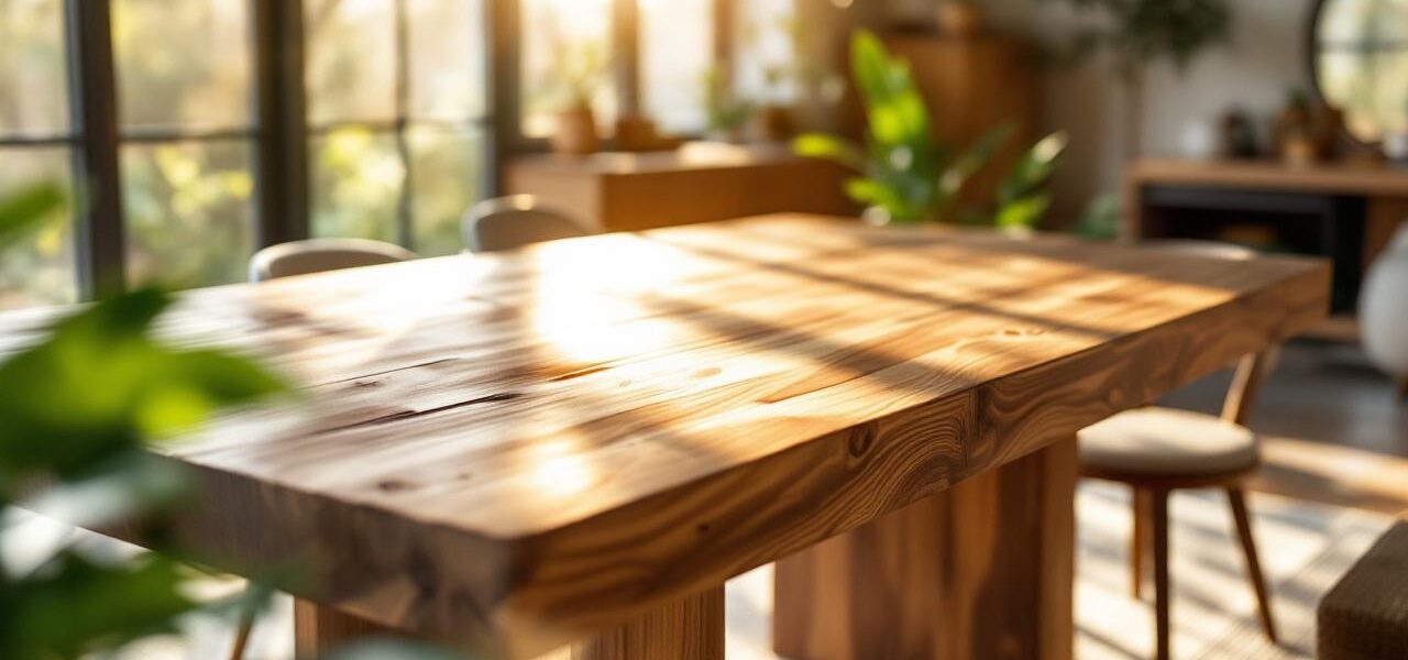 Table à manger en teck récupéré au grain apparent, installée dans un salon baigné de soleil traversant de grandes fenêtres. Décor rustique-moderne avec assiettes en céramique et plantes vertes, ambiance chaleureuse dominée par des tons marron chaud, beige et vert.