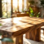 Table à manger en teck récupéré au grain apparent, installée dans un salon baigné de soleil traversant de grandes fenêtres. Décor rustique-moderne avec assiettes en céramique et plantes vertes, ambiance chaleureuse dominée par des tons marron chaud, beige et vert.