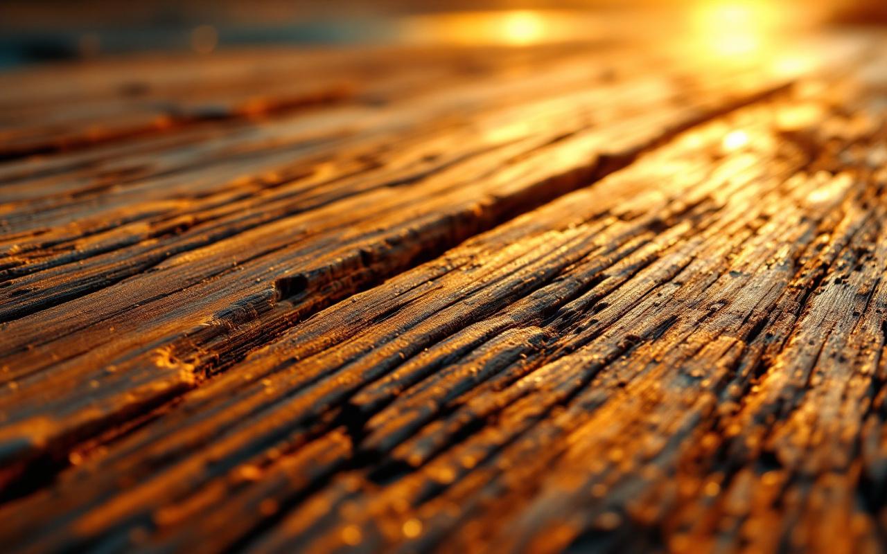 Gros plan du grain du teck avec patine naturelle, montrant veines et textures fines, tons chauds brun et ambre, reflets dorés et ombres douces pour une apparence réaliste et naturelle.