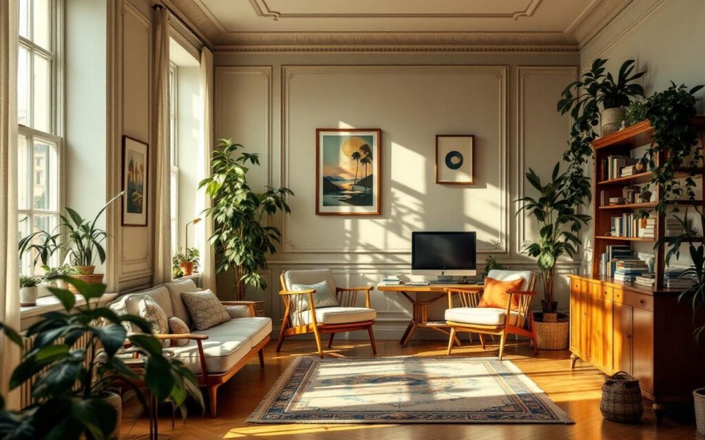 interieur-dun-appartement-vintage-baigne-de-lumiere-solaire-moulures-en-bois-decoratives-grandes-fenetres-parquet-mobilier-mid-century-tapis-a-motifs-luminaires-en-laiton-plantes-en-pot-et-et