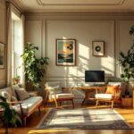 interieur-dun-appartement-vintage-baigne-de-lumiere-solaire-moulures-en-bois-decoratives-grandes-fenetres-parquet-mobilier-mid-century-tapis-a-motifs-luminaires-en-laiton-plantes-en-pot-et-et