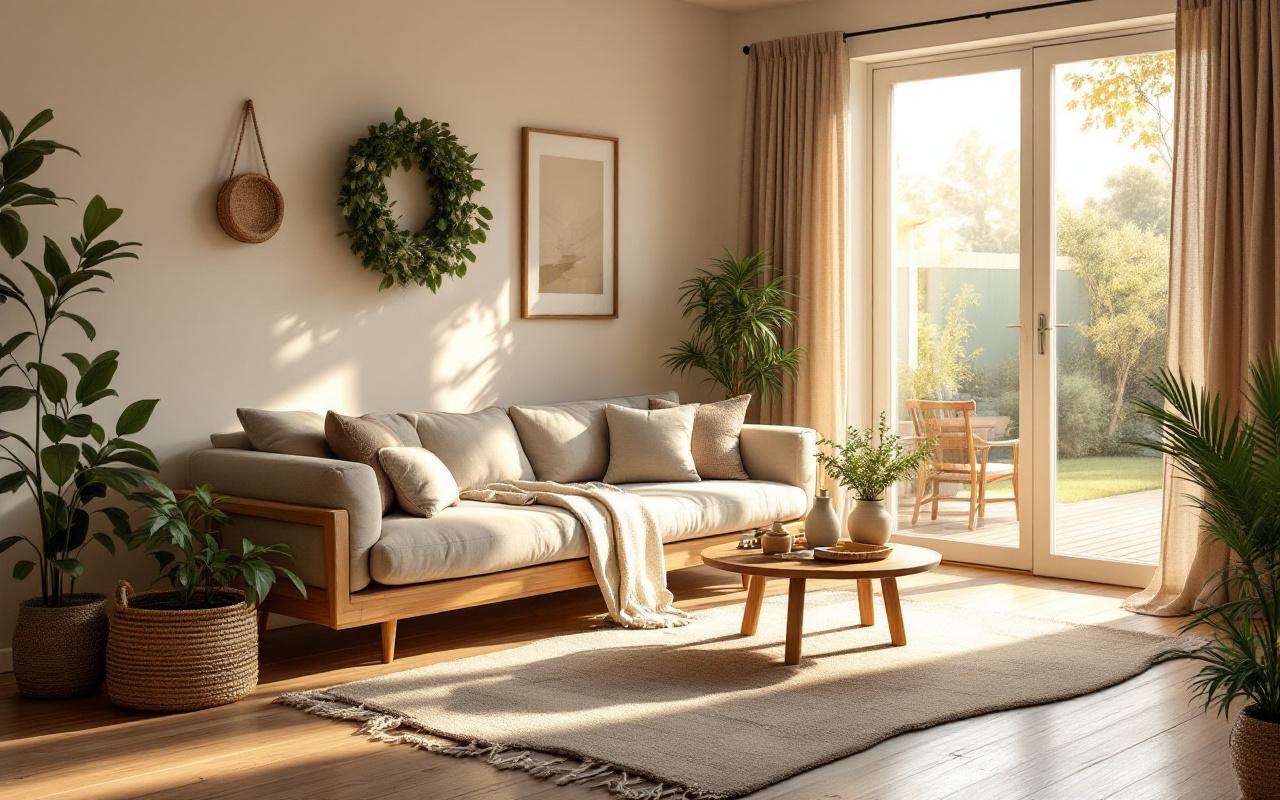 Salon mis en scène avec canapé en lin, tapis texturé, table basse en bois et plantes en pot, textiles naturels superposés, lumière dorée de fin d'après-midi créant une ambiance douce et accueillante.