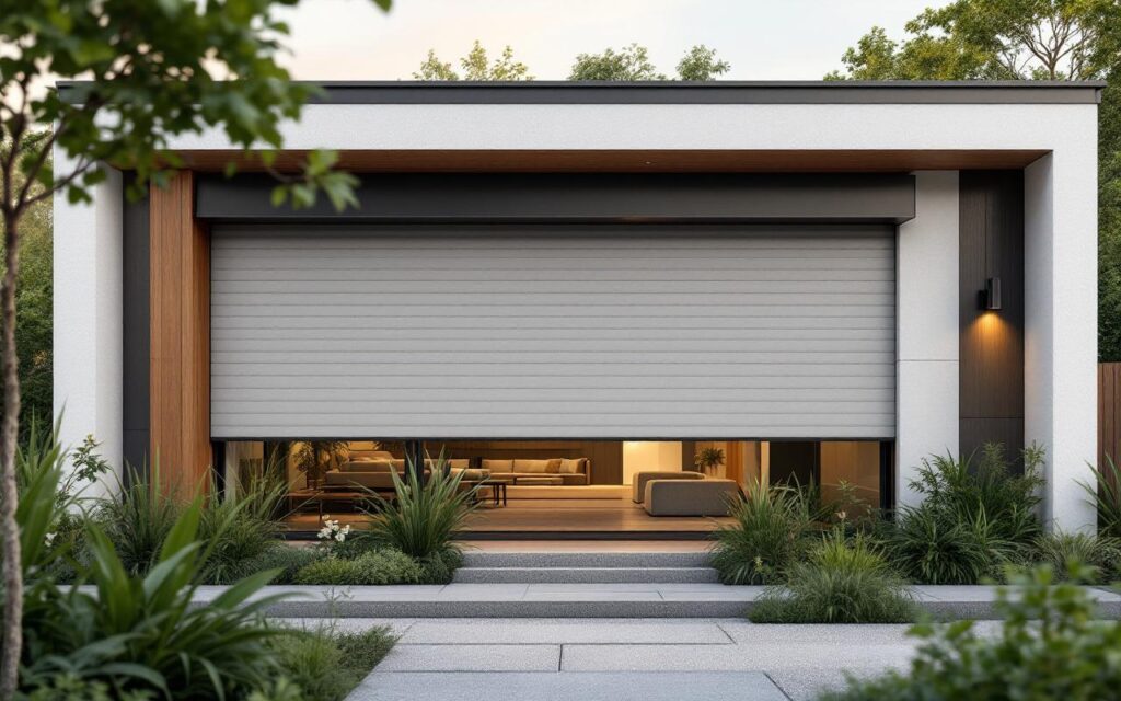 Façade d'une maison moderne avec volets roulants sur mesure en aluminium complètement fermés, façade blanche et anthracite, accents en bois, petite végétation devant, éclairage volumétrique chaud au coucher du soleil, rendu photo réaliste
