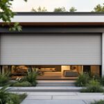 Façade d'une maison moderne avec volets roulants sur mesure en aluminium complètement fermés, façade blanche et anthracite, accents en bois, petite végétation devant, éclairage volumétrique chaud au coucher du soleil, rendu photo réaliste