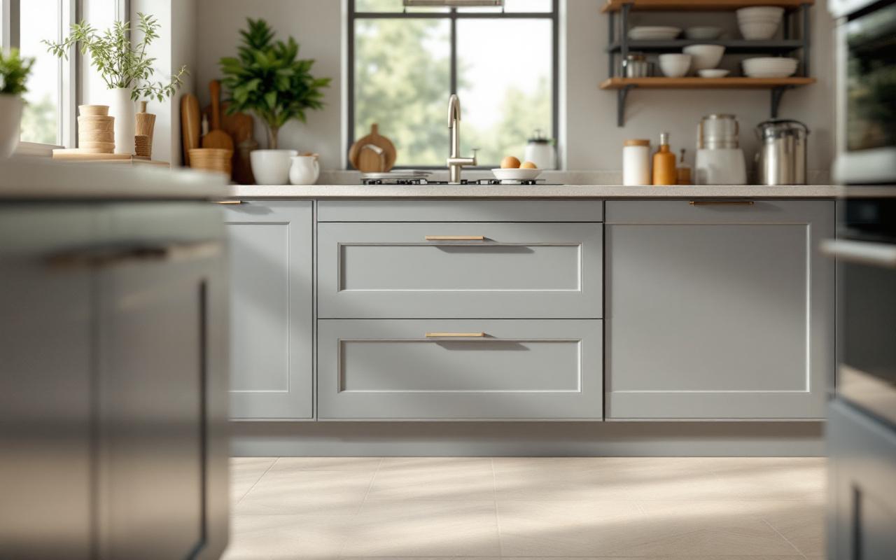 Comparatif visuel de poubelles de cuisine encastrables, coulissantes et à pédale dans une cuisine ouverte élégante, avec éclairage naturel et finitions métalliques réalistes.