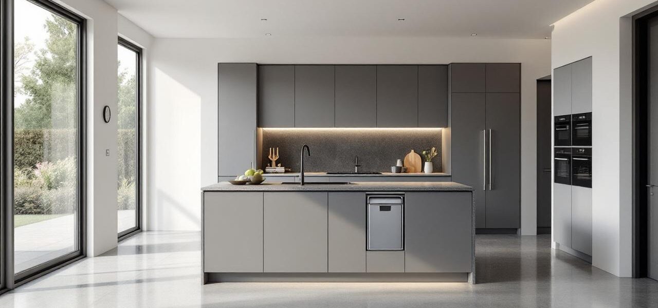 Cuisine ouverte moderne avec îlot central et poubelle intégrée discrètement dans un meuble bas.