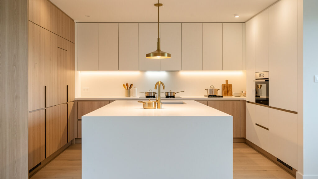 Cuisine ouverte moderne et élégante avec îlot central, rangements intégrés, éclairage doux et ambiance chaleureuse.