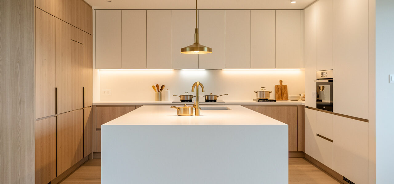 Cuisine ouverte moderne et élégante avec îlot central, rangements intégrés, éclairage doux et ambiance chaleureuse.