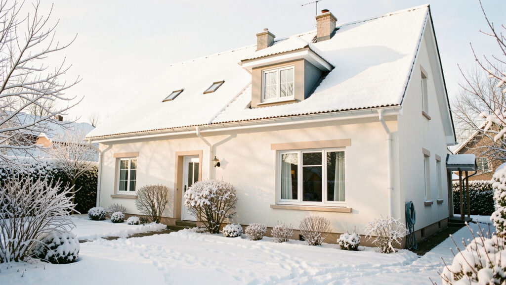 Maison familiale en hiver avec jardin légèrement enneigé, toiture et gouttières visibles, éclairée par une douce lumière matinale.