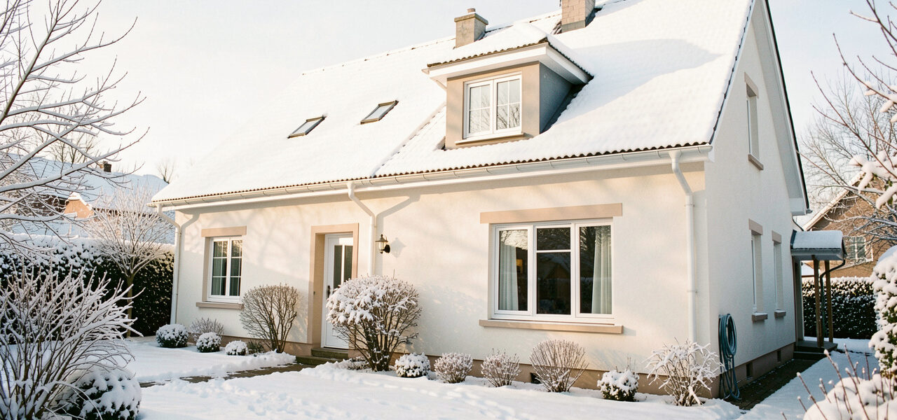 Maison familiale en hiver avec jardin légèrement enneigé, toiture et gouttières visibles, éclairée par une douce lumière matinale.