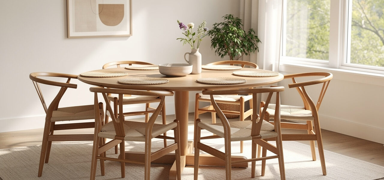 Salle à manger familiale lumineuse avec une table ronde en bois, six chaises dépareillées et un espace de circulation dégagé autour de la table.