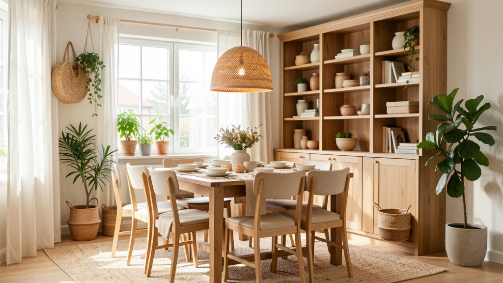 Salle à manger familiale lumineuse avec mobilier harmonieux, rangements en bois, suspension chaleureuse et décoration naturelle.