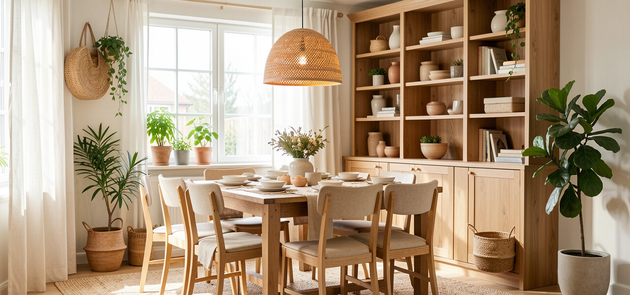 Salle à manger familiale lumineuse avec mobilier harmonieux, rangements en bois, suspension chaleureuse et décoration naturelle.