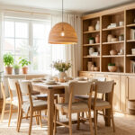 Salle à manger familiale lumineuse avec mobilier harmonieux, rangements en bois, suspension chaleureuse et décoration naturelle.