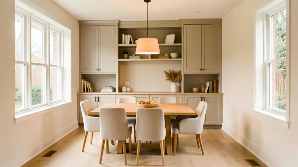 Coin repas familial lumineux dans une maison contemporaine, avec table en bois clair, assises confortables, suspension chaleureuse et rangements discrets.