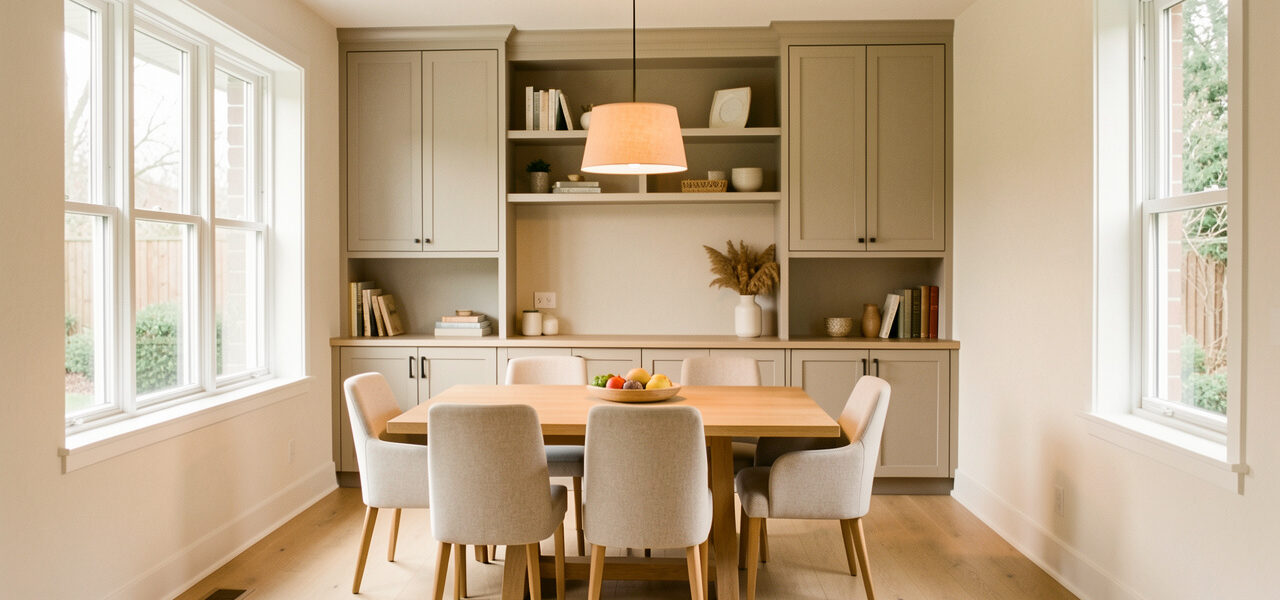 Coin repas familial lumineux dans une maison contemporaine, avec table en bois clair, assises confortables, suspension chaleureuse et rangements discrets.