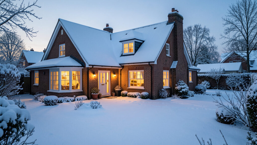 Maison individuelle en hiver, entourée d’un jardin enneigé, avec une toiture visible et des fenêtres éclairées d’une lumière chaleureuse.