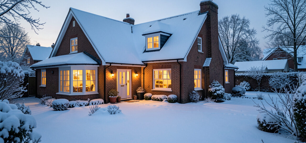 Maison individuelle en hiver, entourée d’un jardin enneigé, avec une toiture visible et des fenêtres éclairées d’une lumière chaleureuse.