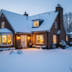 Maison individuelle en hiver, entourée d’un jardin enneigé, avec une toiture visible et des fenêtres éclairées d’une lumière chaleureuse.