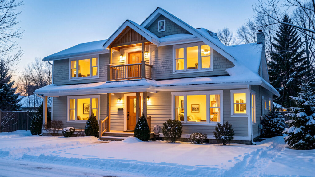 Maison québécoise lumineuse en hiver, entourée de neige, avec des fenêtres isolantes laissant filtrer une lumière intérieure chaleureuse.
