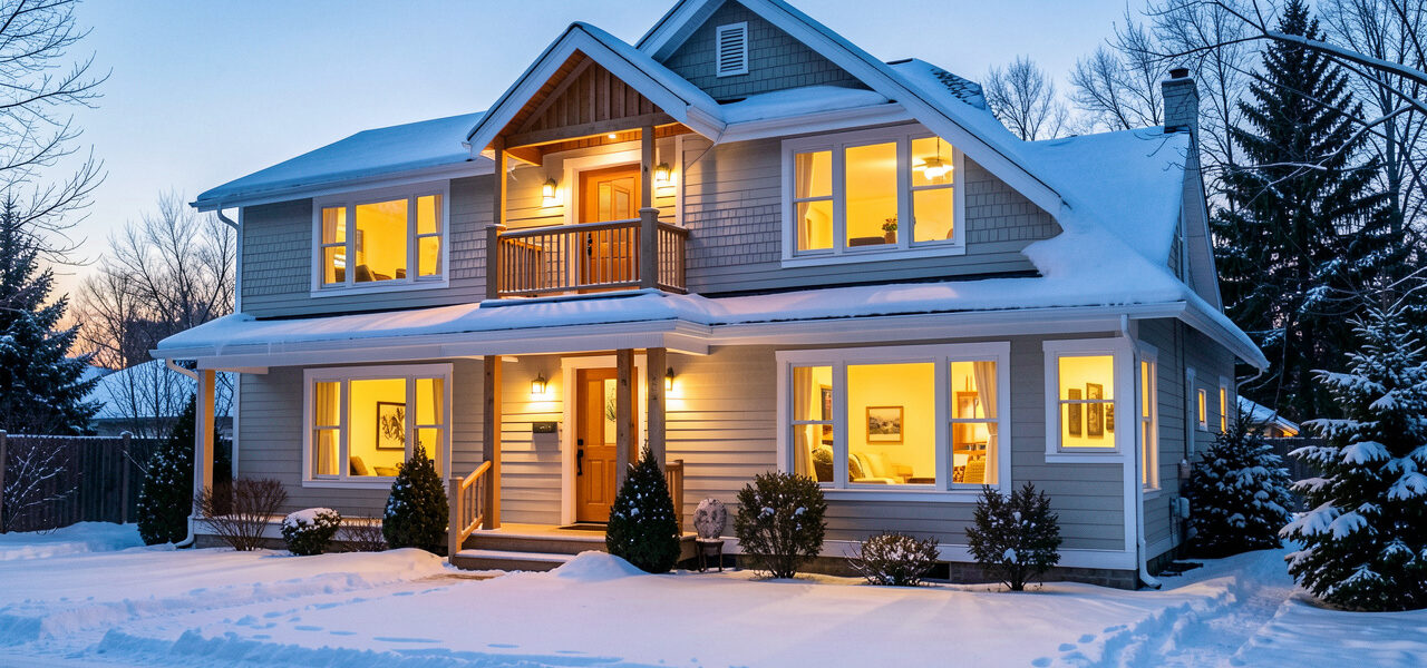 Maison québécoise lumineuse en hiver, entourée de neige, avec des fenêtres isolantes laissant filtrer une lumière intérieure chaleureuse.