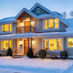 Maison québécoise lumineuse en hiver, entourée de neige, avec des fenêtres isolantes laissant filtrer une lumière intérieure chaleureuse.