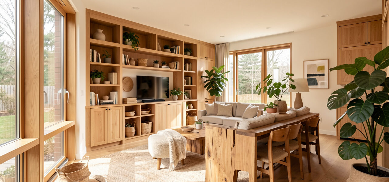Intérieur lumineux d’une maison québécoise chaleureuse et durable, avec du bois clair, des rangements intégrés et de grandes fenêtres.