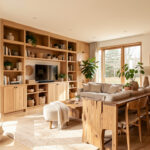 Intérieur lumineux d’une maison québécoise chaleureuse et durable, avec du bois clair, des rangements intégrés et de grandes fenêtres.