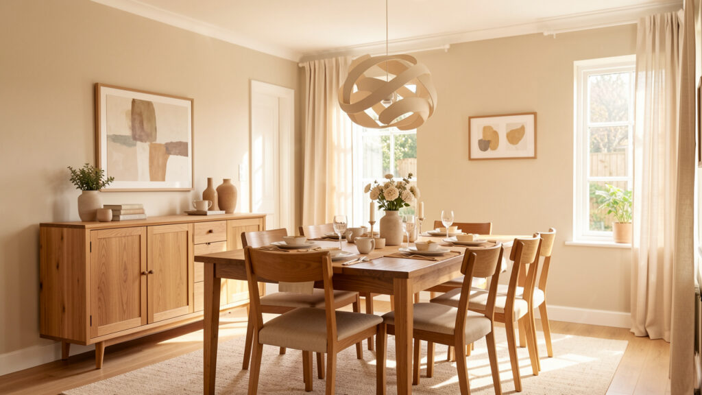 Salle à manger familiale lumineuse avec mobilier en bois harmonieux, buffet chaleureux et suspension design.