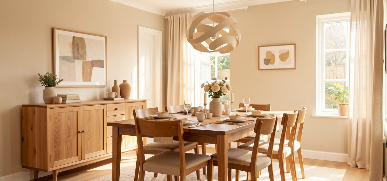 Salle à manger familiale lumineuse avec mobilier en bois harmonieux, buffet chaleureux et suspension design.