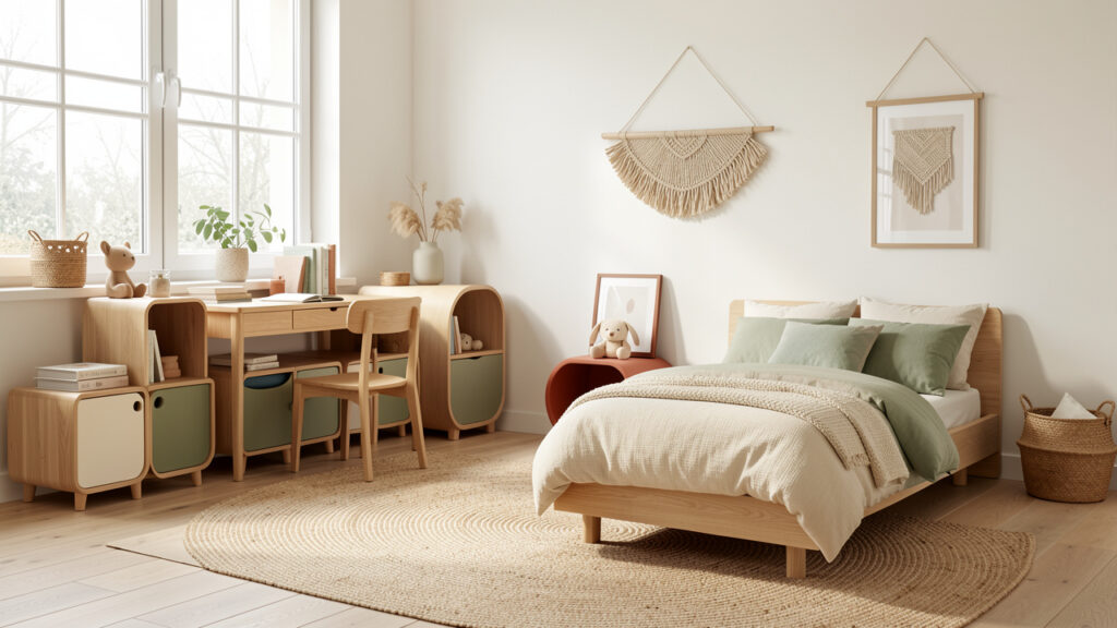 Chambre d’enfant lumineuse et évolutive avec rangements bas, bureau en bois, tapis doux et décoration naturelle aux tons doux.