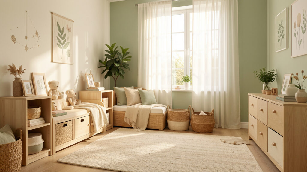 Chambre d’enfant lumineuse et harmonieuse avec rangements bas en bois, coin lecture confortable, tapis doux et décoration naturelle.