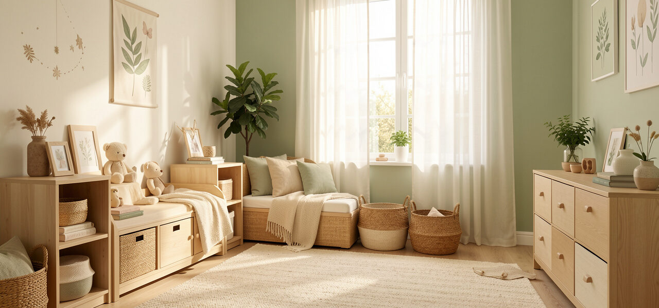 Chambre d’enfant lumineuse et harmonieuse avec rangements bas en bois, coin lecture confortable, tapis doux et décoration naturelle.