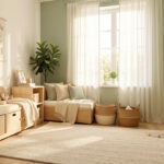 Chambre d’enfant lumineuse et harmonieuse avec rangements bas en bois, coin lecture confortable, tapis doux et décoration naturelle.