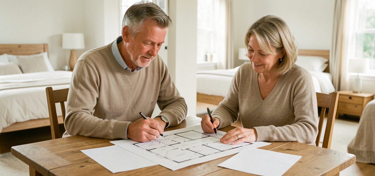 Un homme et une femme d’une cinquantaine d’années examinent ensemble un plan et des documents vierges sur une table, dans une maison familiale lumineuse avec des chambres vides en arrière-plan.