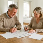 Un homme et une femme d’une cinquantaine d’années examinent ensemble un plan et des documents vierges sur une table, dans une maison familiale lumineuse avec des chambres vides en arrière-plan.