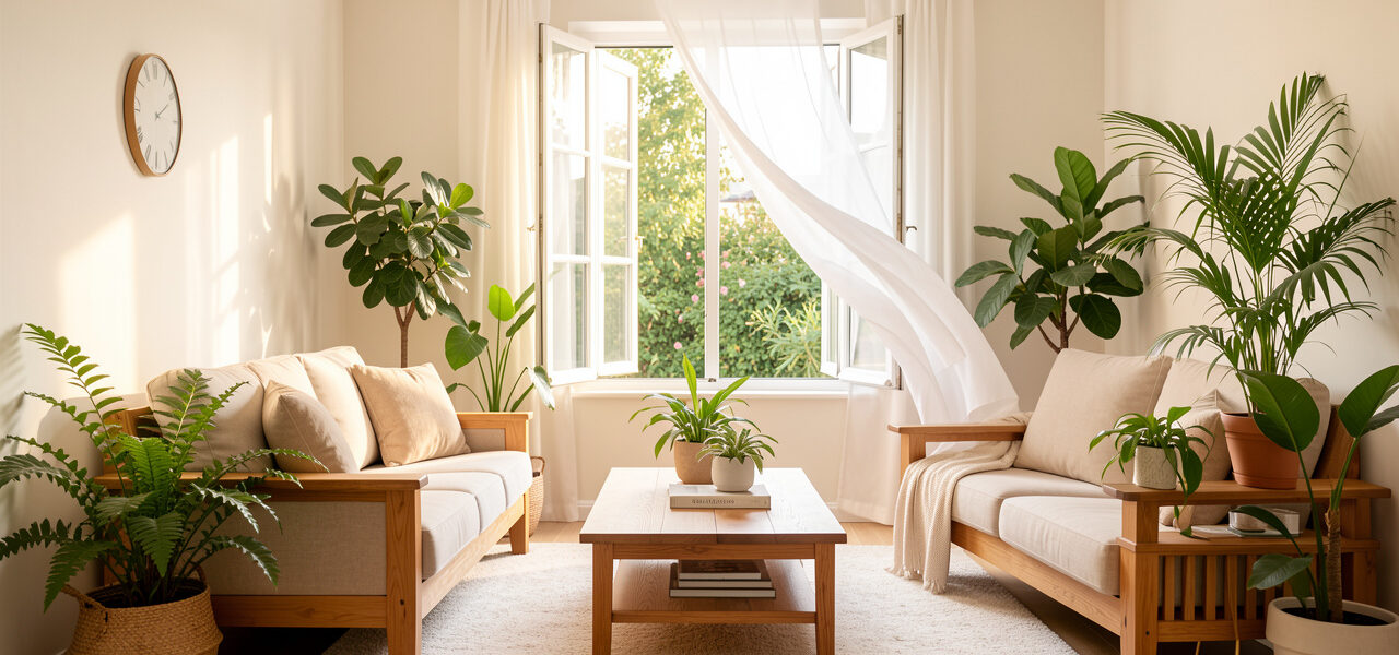 Salon lumineux et aéré avec une fenêtre ouverte, des plantes vertes et une ambiance saine et chaleureuse.