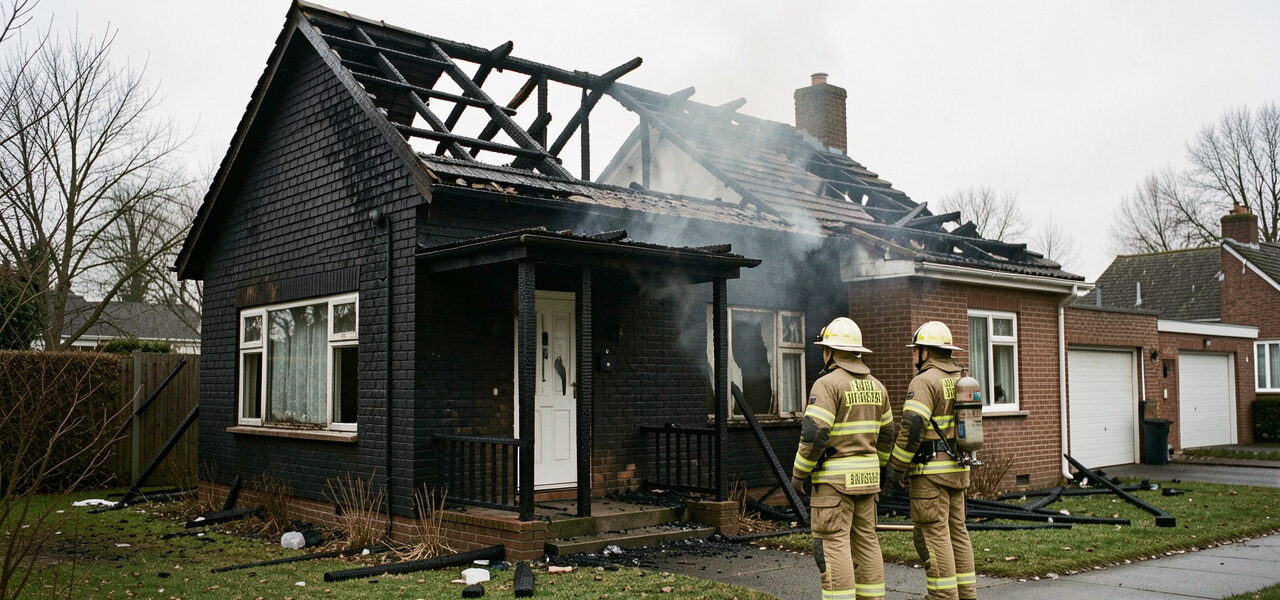 Maison individuelle après un incendie, avec une façade noircie, une toiture effondrée et deux pompiers visibles au loin dans une ambiance sobre et réaliste.
