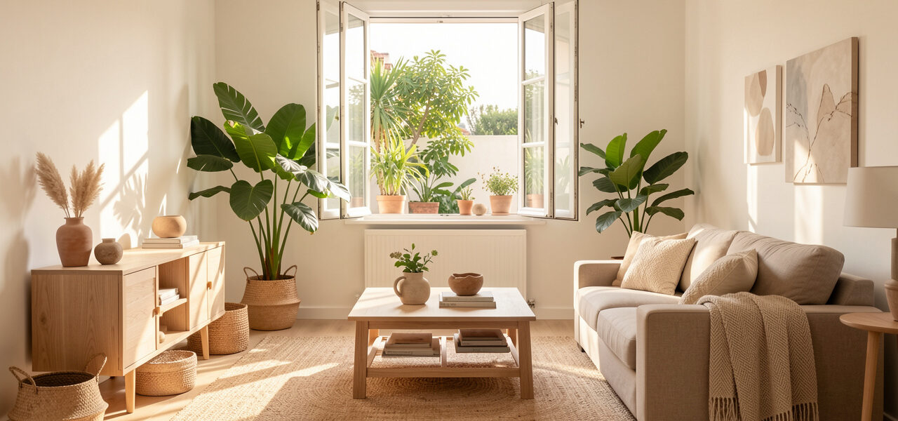 Salon lumineux et aéré avec fenêtre ouverte, plantes vertes, mobilier en bois clair et décoration naturelle contemporaine.