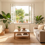 Salon lumineux et aéré avec fenêtre ouverte, plantes vertes, mobilier en bois clair et décoration naturelle contemporaine.