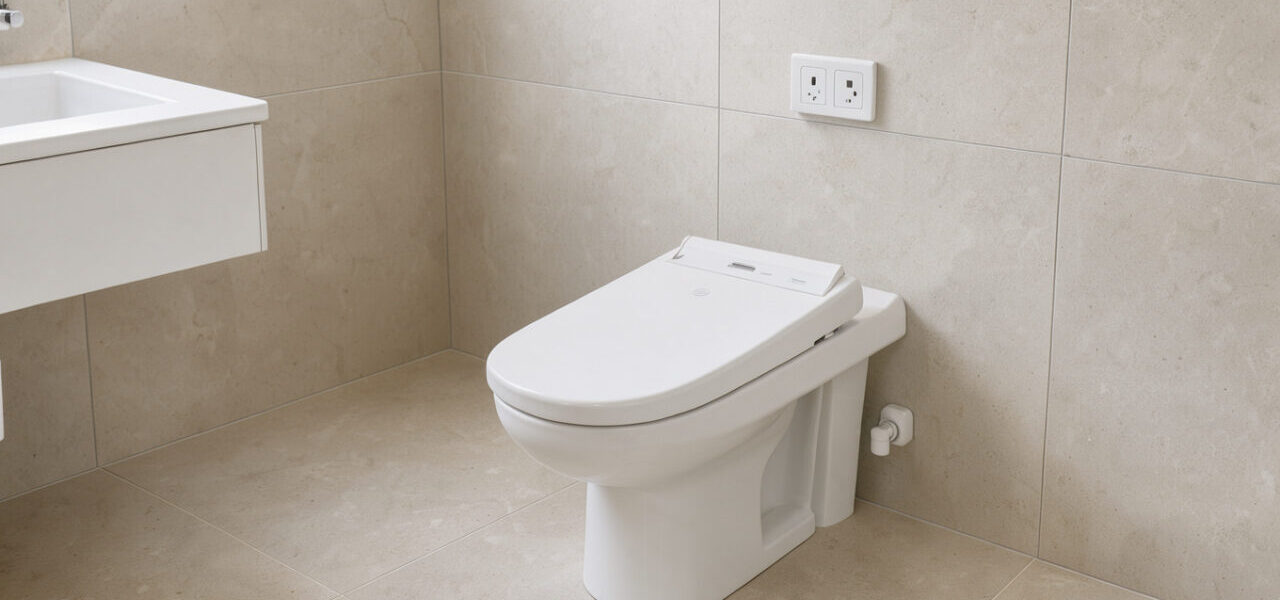 Toilettes contemporaines lumineuses avec un abattant lavant électrique blanc installé sur une cuvette standard, une arrivée d’eau et une prise murale discrètes.